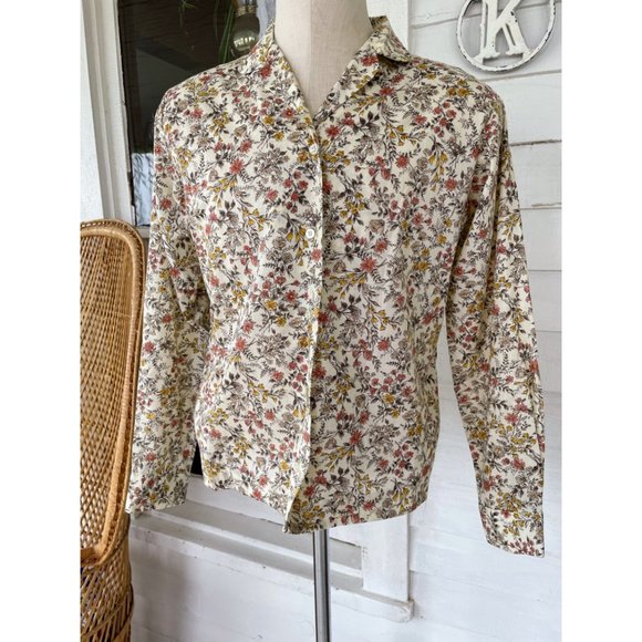 Vintage 1960s Womens Beige Floral Button Blouse Cotton blend Size Large - Picture 14 of 16
